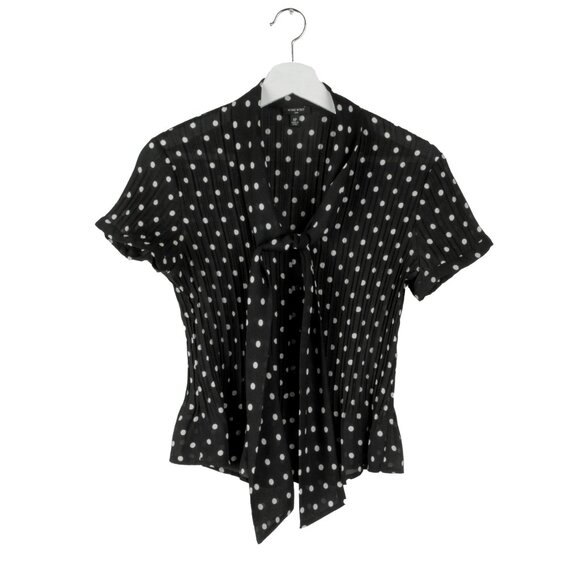 Nine West Blouse Polka Dot Top Tie Neck  Short Sleeve Black White 6P - Picture 1 of 8